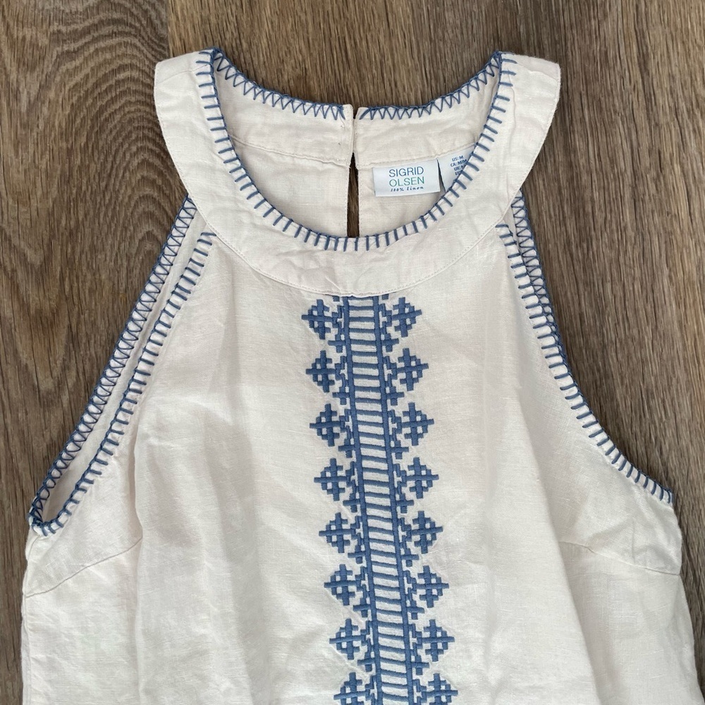 Sigrid Olsen White Blue Embroidered Linen Shift Dress Women’s Medium Coastal - Picture 3 of 6